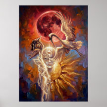 Cartaz de Arte Simbólica Grou Lua Vermelha