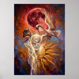 Poster Cartaz de Arte Simbólica Grou Lua Vermelha