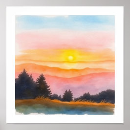 Poster Cartaz de Arte SIMPLES de Aquarela do Pôr do Sol