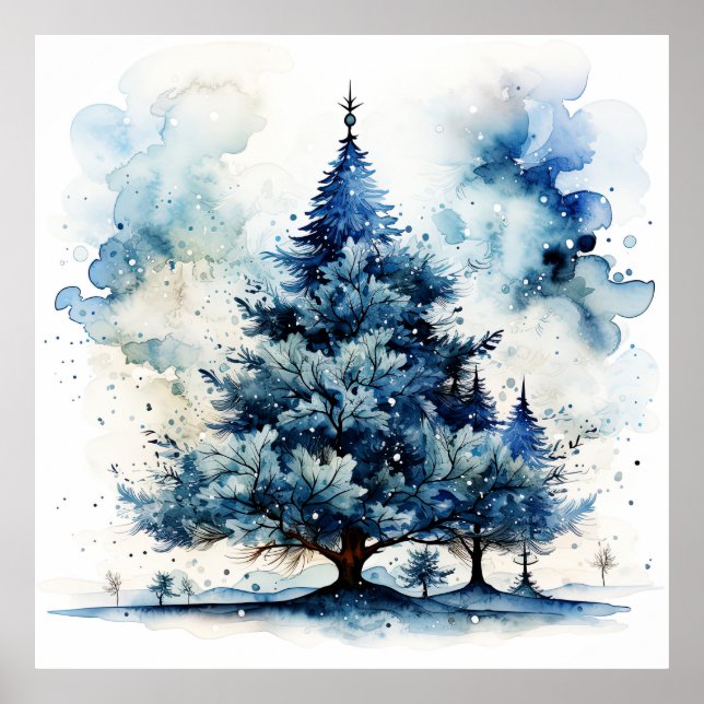Poster Cartaz de árvore de Natal de férias em aquarela az (Frente)