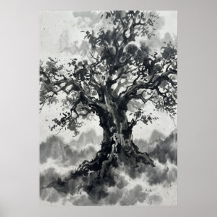 Poster Cartaz de Árvore em Tinta Nanquim Arte Zen Japon