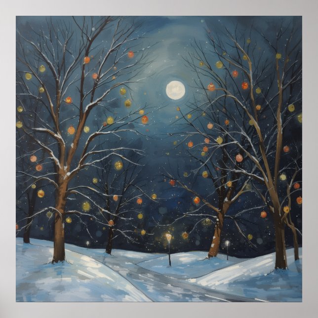 Poster Cartaz de Árvores Iluminadas sob a Lua de Inverno (Frente)