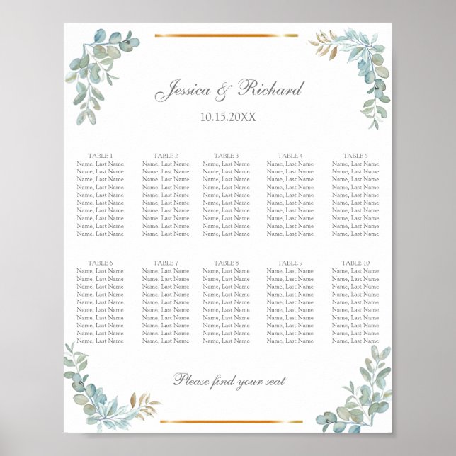 Poster Cartaz de assento de 10 mesas em aquarela (Frente)