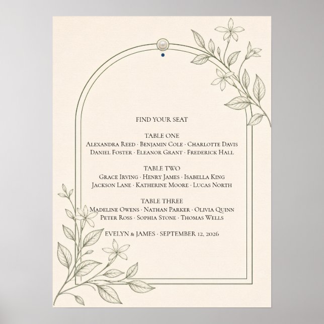 Poster Cartaz de Assento de Casamento Botânico de Oliva (Frente)