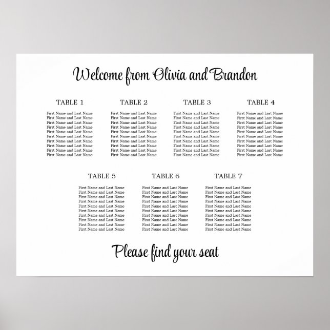 Poster Cartaz de Assento de Casamento de Mesa 7 Elegante (Frente)