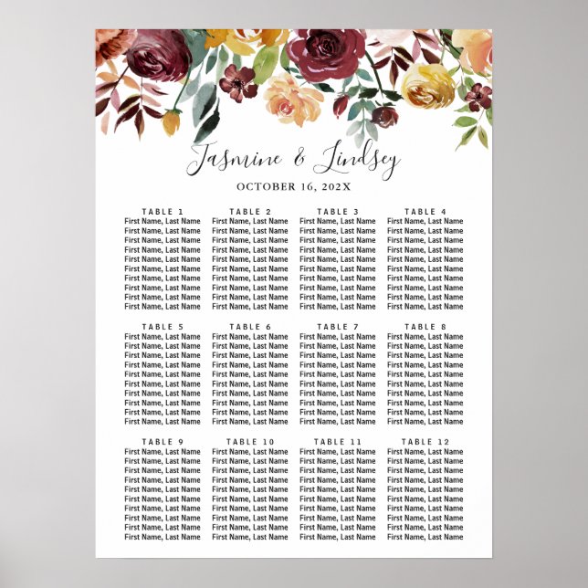 Poster Cartaz de Assento de Casamento Floral Borgonha (Frente)