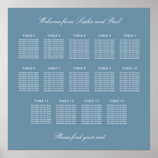 Poster Cartaz de Assento de Casamento na Mesa Azul Empoei (Frente)