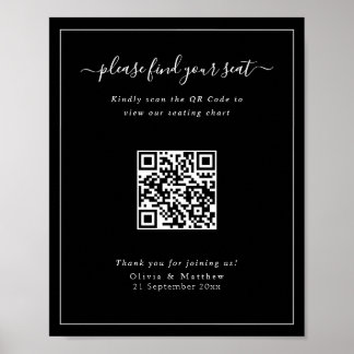 Poster Cartaz de Assento de Código QR de Casamento Preto