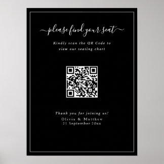 Poster Cartaz de Assento de Código QR de Casamento Preto