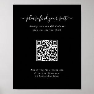 Poster Cartaz de Assento de Código QR de Casamento Preto