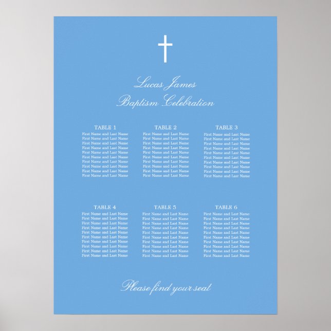Poster Cartaz de Assentos de Batismo de Mesa 6 Azul Elega (Frente)