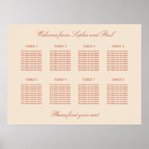 Poster Cartaz de Assentos de Casamento da Mesa 8 com Letr