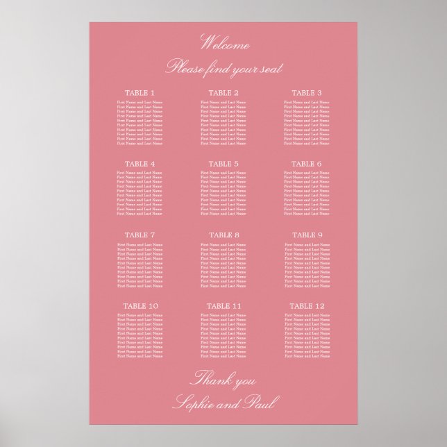 Poster Cartaz de Assentos de Casamento de Mesa 12 Rosa Ru (Frente)