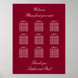 Poster Cartaz de Assentos de Casamento de Mesa 9 Borgonha