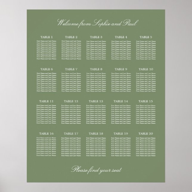 Poster Cartaz de Assentos de Casamento de Mesa Sage Verde (Frente)
