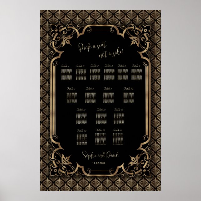 Poster Cartaz de Assentos de Casamento Glamouroso Dourado (Frente)
