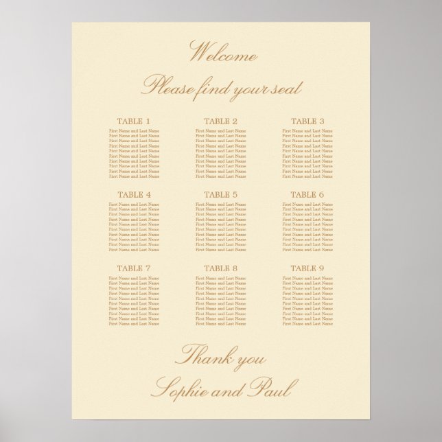 Poster Cartaz de Assentos de Casamento na Mesa Cream Beig (Frente)