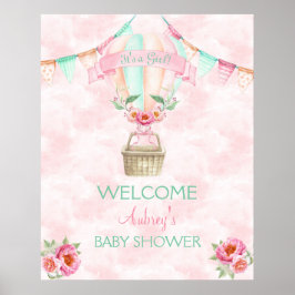 Poster Cartaz de Balão de Ar Quente Aquarela Rosa Hortelã