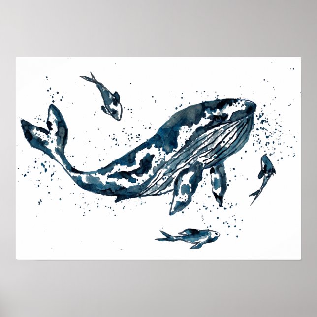 Poster Cartaz de Baleia em Aquarela Azul (Frente)
