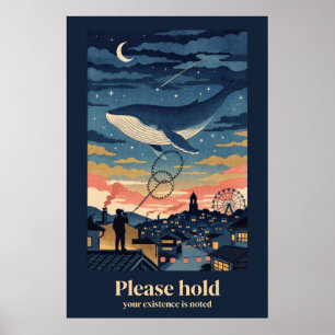 Poster Cartaz de Baleia Sobre a Cidade Noturna Estilo Xil