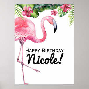 Poster Cartaz de Banner Tropical de Flamingo Rosa & Hibis