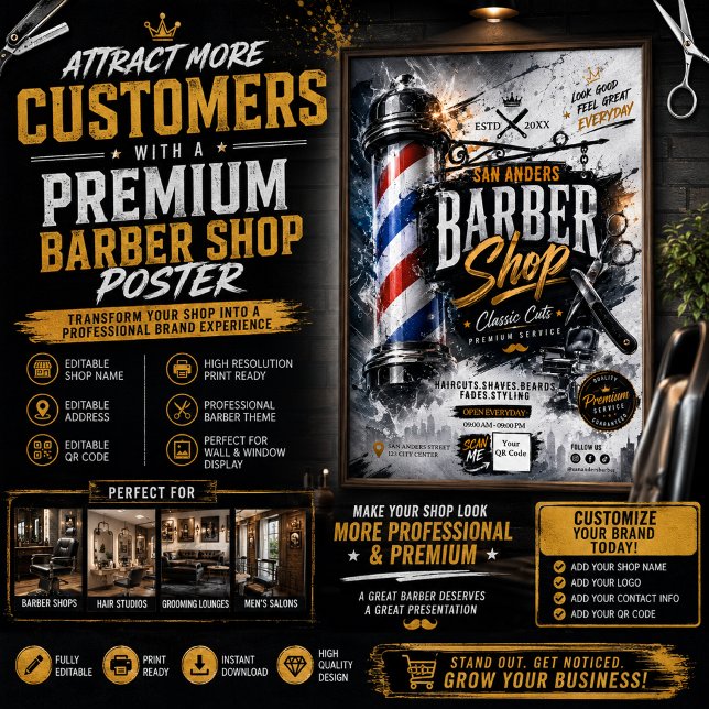 Poster Cartaz de Barbearia Editável | Sinal de Parede de  (Criador carregado)