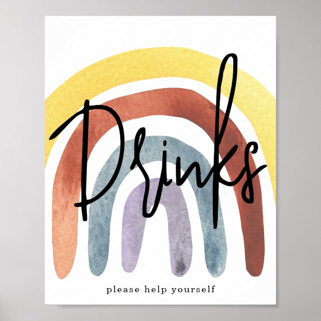 Poster Cartaz de Bebidas Boho Arco-Íris Aquarela (Frente)