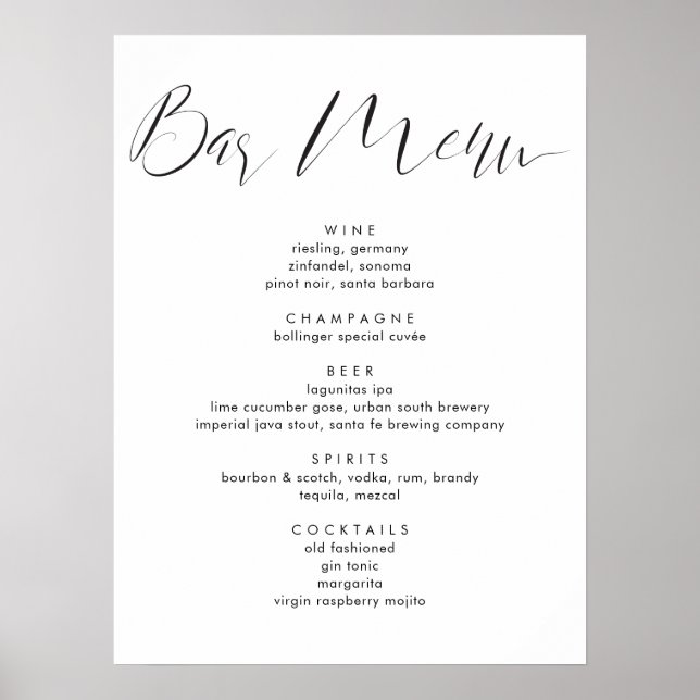 Poster Cartaz de Bebidas de Casamento com Letra de Caligr (Frente)