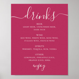 Poster Cartaz de Bebidas de Casamento em Rosa Framboesa c