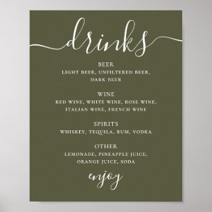 Poster Cartaz de Bebidas de Casamento Verde Oliva Suave  