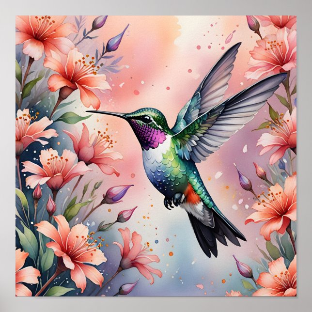 Poster cartaz de beija-flor floral (Frente)