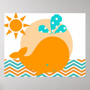Poster Cartaz de Berçário Baleia Laranja e Azul
