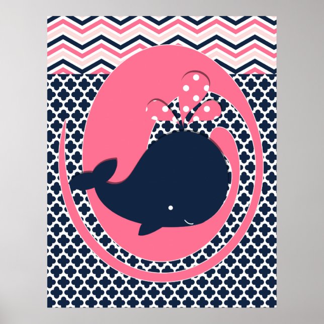 Póster Cartaz de Berçário Baleia Rosa e Azul Marinho (Frente)