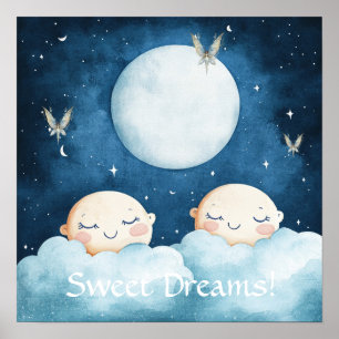 Poster Cartaz de Berçário Céu Noturno Azul Sonhos Doces