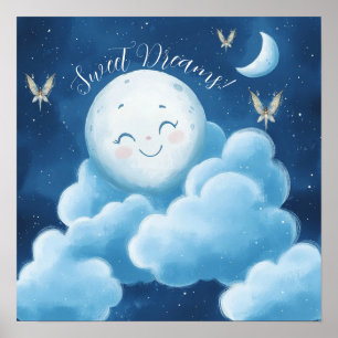 Poster Cartaz de Berçário Céu Noturno Azul Sonhos Doces