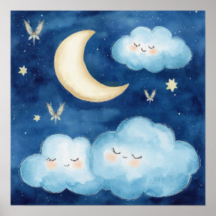 Poster Cartaz de Berçário Céu Noturno Azul Sonhos Doces
