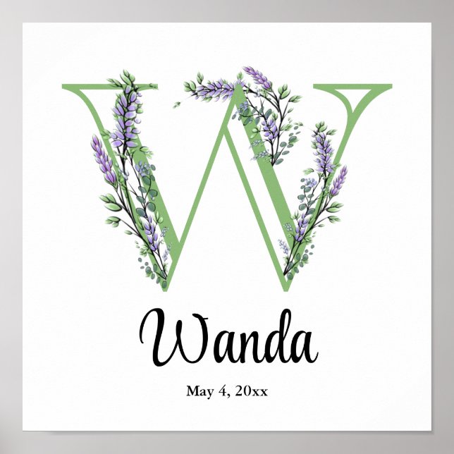 Poster Cartaz de berçário com monograma W Lavanda Eucalip (Frente)