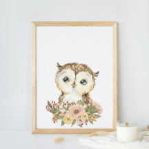 Cartaz de Berçário de Coruja Bebê em Aquarela
