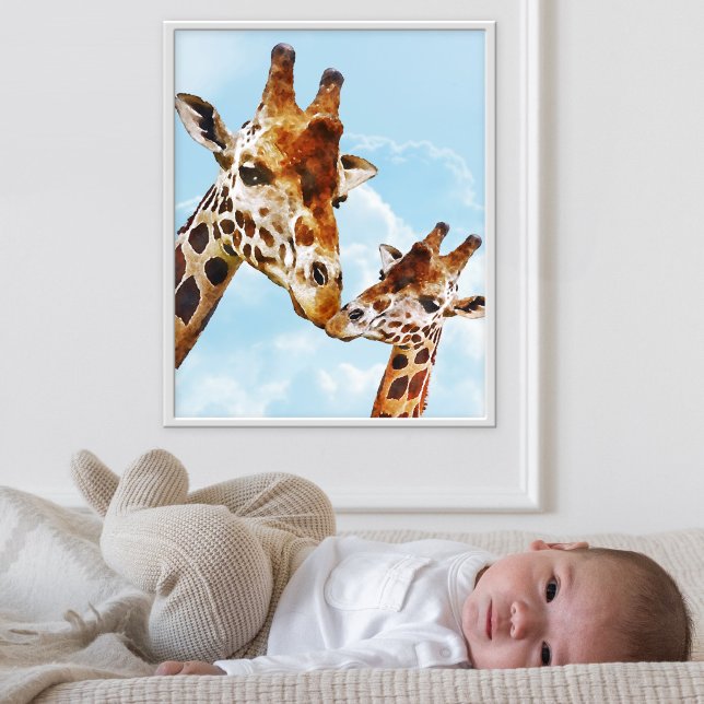 Poster Cartaz de Berçário de Girafas Fofas (Adorable poster featuring a watercolor illustration of a giraffe mom and baby)