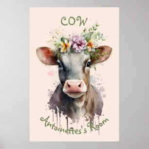 Poster Cartaz de Berçário de Vaca em Aquarela Fofa