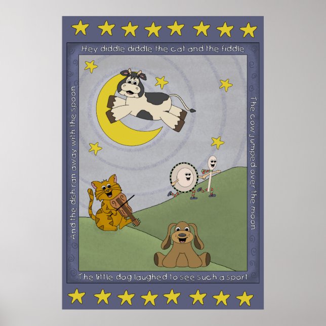 Póster Cartaz de berçário do poema Hey Diddle Diddle (Frente)