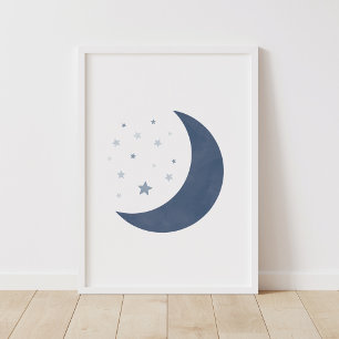 Poster Cartaz de Berçário Menino Lua e Estrelas Azul Mari