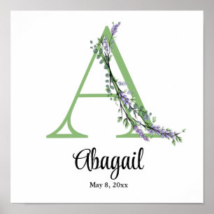 Poster Cartaz de berçário Monograma A Eucalipto Lavanda
