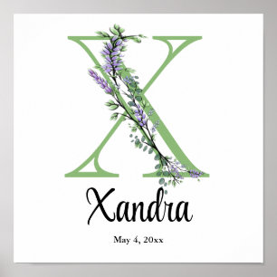 Poster Cartaz de berçário Monograma X Lavanda Eucalipto