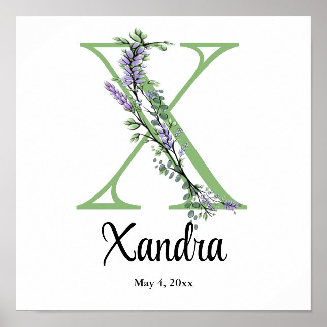 Poster Cartaz de berçário Monograma X Lavanda Eucalipto (Frente)