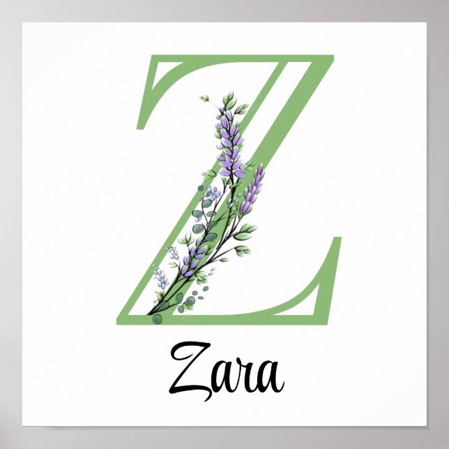 Poster Cartaz de berçário Monograma Z Lavanda Eucalipto (Frente)