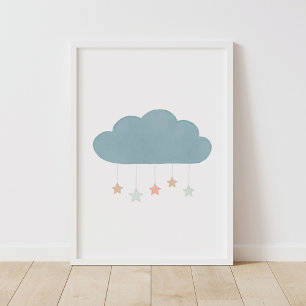 Poster Cartaz de Berçário Nuvem e Estrelas em Aquarela Pa