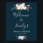 Poster cartaz de boas-vindas ao chá de bebê floral azul m<br><div class="desc">belas flores de magnólia em aquarela branca e texto em script. O texto e as cores neste cartaz podem ser editados.</div>