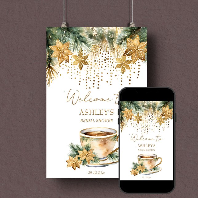 Poster Cartaz de boas-vindas ao chá de panela de inverno  (Boho Christmas winter bridal shower editable template welcome sign poster digital download gold pine)