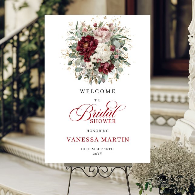 Poster Cartaz de Boas-Vindas Boho Burgundy Flores Verde D (Boho Burgundy Flowers Greenery Gold Welcome Poster)